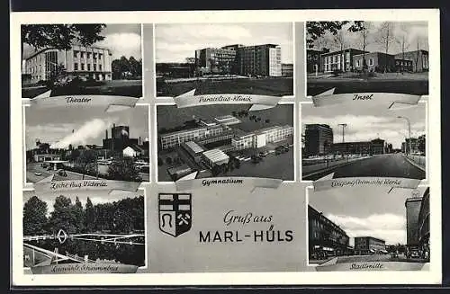 AK Marl-Hüls, Stadtmitte, Paracelsius-Klinik, Gymnasium, Insel, Eingang Chemische Werke, Theater, Zeche Aug. Victoria