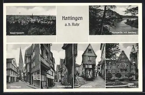 AK Hattingen a. d. Ruhr, Gesamtansicht, Ruhrpartie mit Isenberg, Steinhagen, Emscherstrasse, Haldenplatz, Rathaus