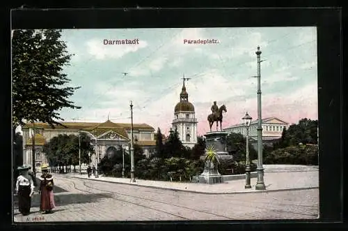 AK Darmstadt, Paradeplatz mit Denkmal