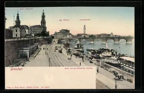 AK Dresden, Blick von der Brühl`schen Terrasse auf Kath. Hofkirche, Kgl. Hofoper und Fernheizwerk