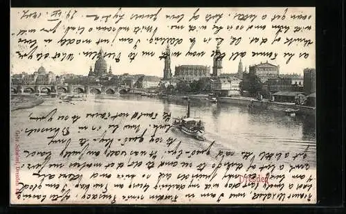 AK Dresden, Stadtansicht mit Fluss und Dampfer im Vordergrund