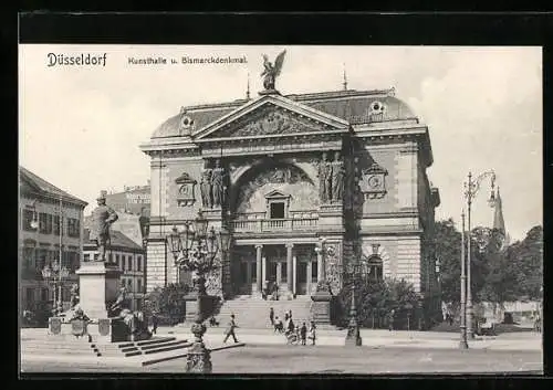 AK Düsseldorf, Kunsthalle und Bismarckdenkmal