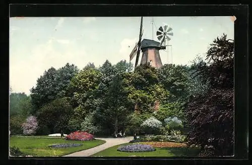 AK Bremen, Blumenschule mit Blick zur Windmühle