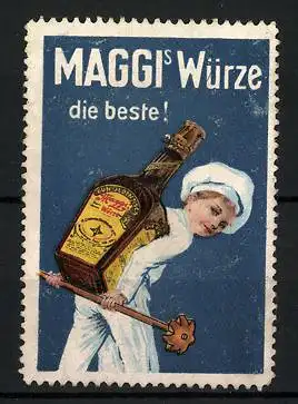 Reklamemarke Maggi's Würze ist die Beste!, Koch mit Würzflasche auf dem Rücken