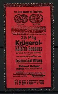 Reklamemarke Krügerol-Katarrh-Bonbons, Richard Krüger, Leipzig, Grimmaische Str. 19, Werbeschild