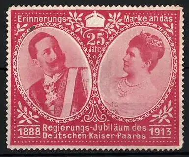 Präge-Reklamemarke Kaiserpaar Wilhelm II. & Auguste Victoria, Regierungsjubiläum 1888-1913