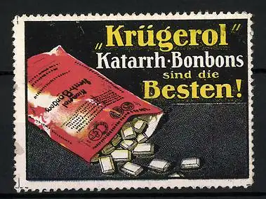 Reklamemarke Krügerol Katarrh-Bonbons sind die Besten!, Bonbons fallen aus einer Tüte