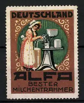 Reklamemarke Alfa - bester Milchentrahmer, Hausfrau am Küchengerät