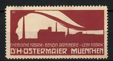 Reklamemarke Chemische Fabrik, Benzin-Raffinerie & Leim-Fabrik Dr. H. Ostermaier, München, Stadtansicht