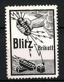 Reklamemarke Blitz-Brikett, Hand hält Kohlestück mit Blitzen