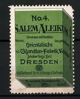 Reklamemarke Salem Aleikum No. 4, Orientalische Tabak- und Cigaretten-Fabrik Yenidze, Dresden, Zigarettenschachtel