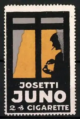 Reklamemarke Josetti Juno Cigarette, Mann steht beim Rauchen am Fenster