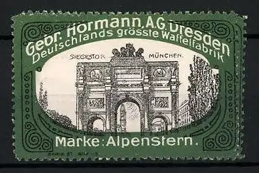 Reklamemarke München, Siegestor, Waffelfabrik Gebr. Hörmann AG, Dresden, Marke Alpenstern