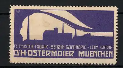 Reklamemarke Chemische Fabrik, Benzin-Raffinerie & Leim-Fabrik Dr. H. Ostermaier, München, Stadtansicht