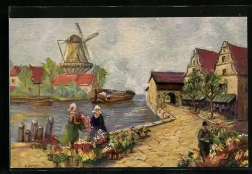 Ölgemälde-Imitations-AK Degi Nr. 1422: Holländischer Blumenmarkt mit Windmühle von E. Jahn