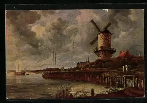 Künstler-AK Niederländische Landschaft mit Windmühle