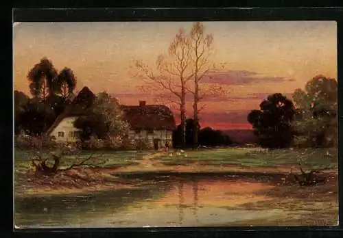 Ölgemälde-Imitations-AK Degi Nr. 1019: Bauernhaus am See, Sonnenuntergang