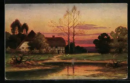 Künstler-AK Degi Nr. 1019: Sonnenuntergang an einem alten Haus