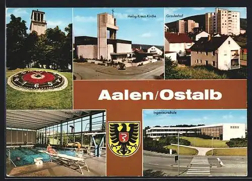 AK Aalen, Blumenuhr, Heilig-Kreuz-Kirche, Hallenbad, Ingenierschule