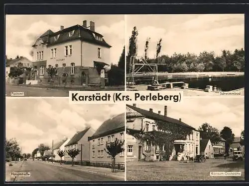 AK Karstädt / Krs. Perleberg, Konsum-Gaststätte, Hauptstrasse, Schwimmbad