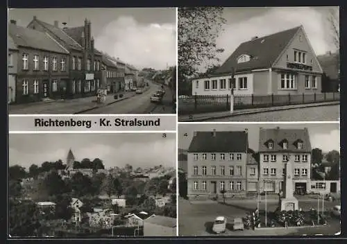AK Richtenberg / Stralsund, Ernst-Thälmann-Strasse mit Rathaus, Kindergarten Juri Gagarin, Rosa-Luxemburg-Platz