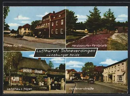 AK Schneverdingen, Gasthaus Landhaus Höpen, Partie am Markt, Heideblütenfestplatz