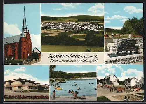 AK Waldernbach / Westerwald, Kirche, EDEKA-Kaufhaus Kratzheller, Seebad, Spielplatz