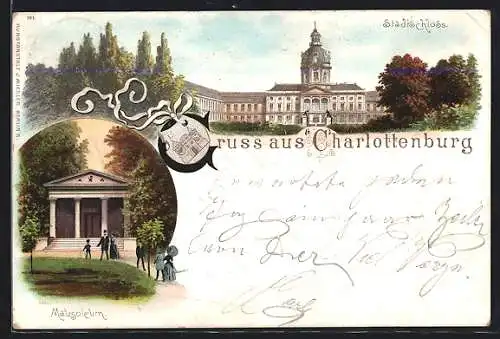 Lithographie Berlin-Charlottenburg, Blick auf Schloss und Mausoleum
