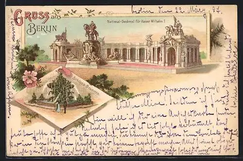 Lithographie Berlin, Nationaldenkmal Kaiser Wilhelm I. & Schlossbrunnen