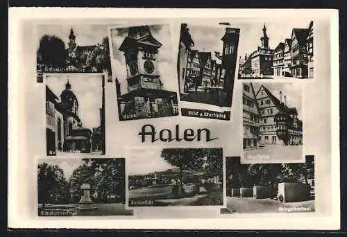 AK Aalen, Teilansicht, Salvator-Kirche, Ev. Stadtkirche, Schubertdenkmal, Blick z. Marktplatz, Spion, Kriegerdenkmal