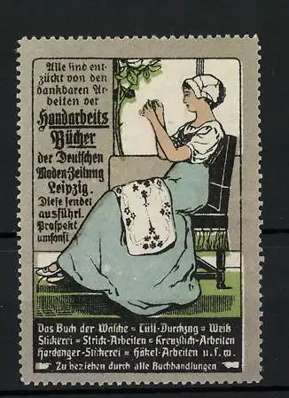 Reklamemarke Handarbeits-Bücher der Deutschen Moden-Zeitung Leipzig, Das Buch der Wäsche, Hausfrau beim Nähen