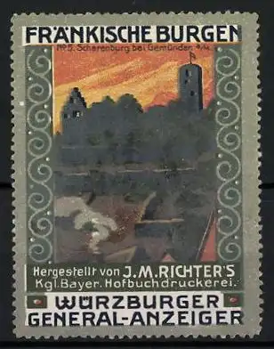 Reklamemarke Gemünden a. M., Scherenburg, Würzburger Generalanzeiger, Kgl. Hofbuchdruckerei J. M. Richter