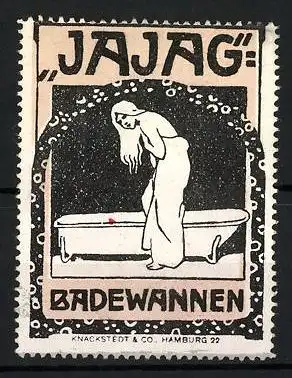 Reklamemarke JAJAG Badewannen, halbnackte Frau vor der Badewanne