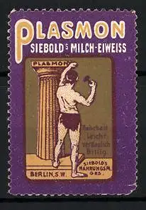 Reklamemarke Plasmon Milch-Eiweiss, Siebold's Nahrunsmittel Gesellschaft, Bildhauer arbeitet an einer Säule