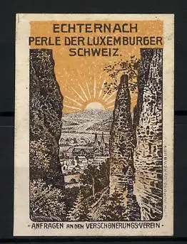 Reklamemarke Echternach, Perle der Luxemburger Schweiz, Panorama mit Gebirge