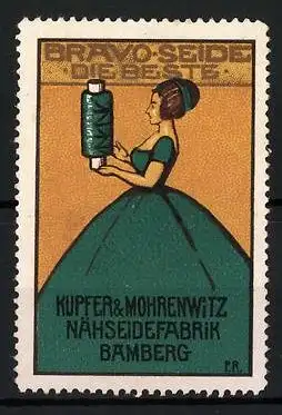 Reklamemarke Bravo-Seide ist die Beste, Nähseidefabrik Kupfer & Mohrenwitz, Bamberg, Frau mit Nähgarnrolle