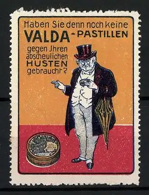 Reklamemarke Valda-Pastillen vorzüglich gegen Husten & Heiserkeit, Pharmacie H. Canonne, Paris, Mann mit Dose