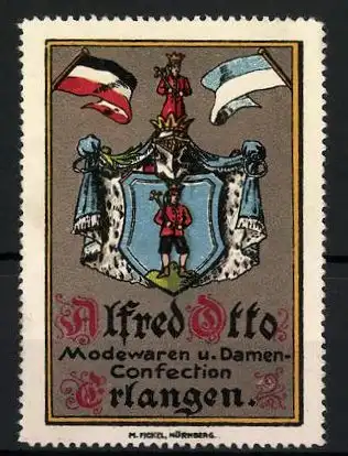 Reklamemarke Modewaren und Damenconfection Alfred Otto, Erlangen, Wappen und Flaggen