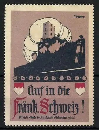Reklamemarke Auf in die Fränkische Schweiz, Offizielle Marke des fränkischen Schweizvereins, Burg & Wappen