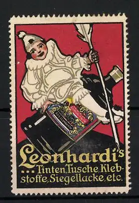 Reklamemarke Leonhardi's Tinten, Tusche, Klebstoffe und Siegellacke, Harlekin reitet auf einer Tintenflasche