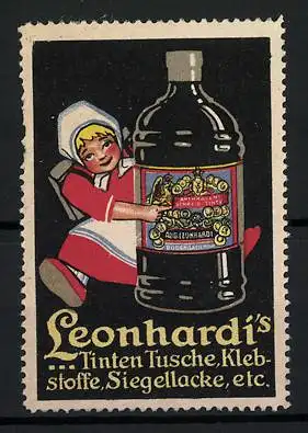 Reklamemarke Leonhardi's Tinten, Tusche, Klebstoffe und Siegellacke, Mädchen mit Tintenflasche