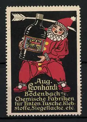 Reklamemarke Leonhardi's Tinten, Tusche, Klebstoffe und Siegellacke, Harlekin mit Tintenflasche