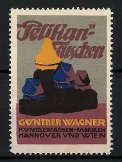 Reklamemarke Pelikan Tuschen, Künstlerfarben-Fabrik Günther Wagner, Hannover & Wien, Tuschgläschchen