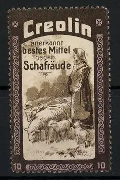 Reklamemarke Creolin anerkannt bestes Mittel gegen Schafräude, Schäferin auf der Weide