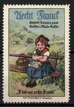 Reklamemarke Aecht Franck - bester Zusatz zum Malzkaffee, Mädchen mit Kaffee im Korb auf einer Bank sitzend