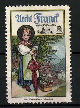 Reklamemarke Aecht Franck - bester Kaffeezusatz, mit der Kaffeemühle, Frau mit Kaffee im Korb