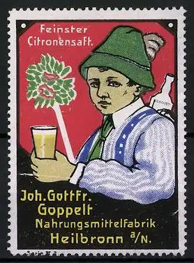 Reklamemarke Feinster Citronensaft der Nahrungsmittelfabrik Joh. Gottfr. Goppelt, Heilbronn, Bayer mit Saftglas