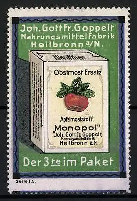 Reklamemarke Monopol Obstmostersatz, Nahrungsmittelfabrik Joh. Gottfr. Goppelt, Heilbronn, Schachtel