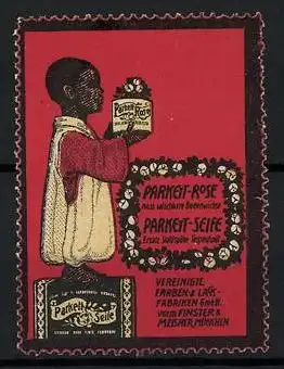 Reklamemarke Parkett-Rose & Parkett-Seife, Vereinigte Farben- und Lackfabriken Fonster & Meisner, München, Afrikaner