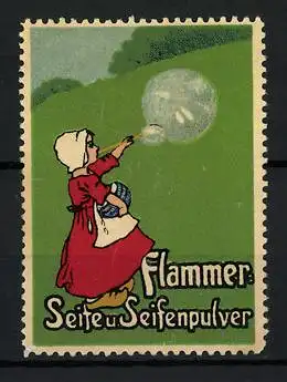 Reklamemarke Flammer Seife- und Seifenpulver, Mädchen macht Seifenblasen